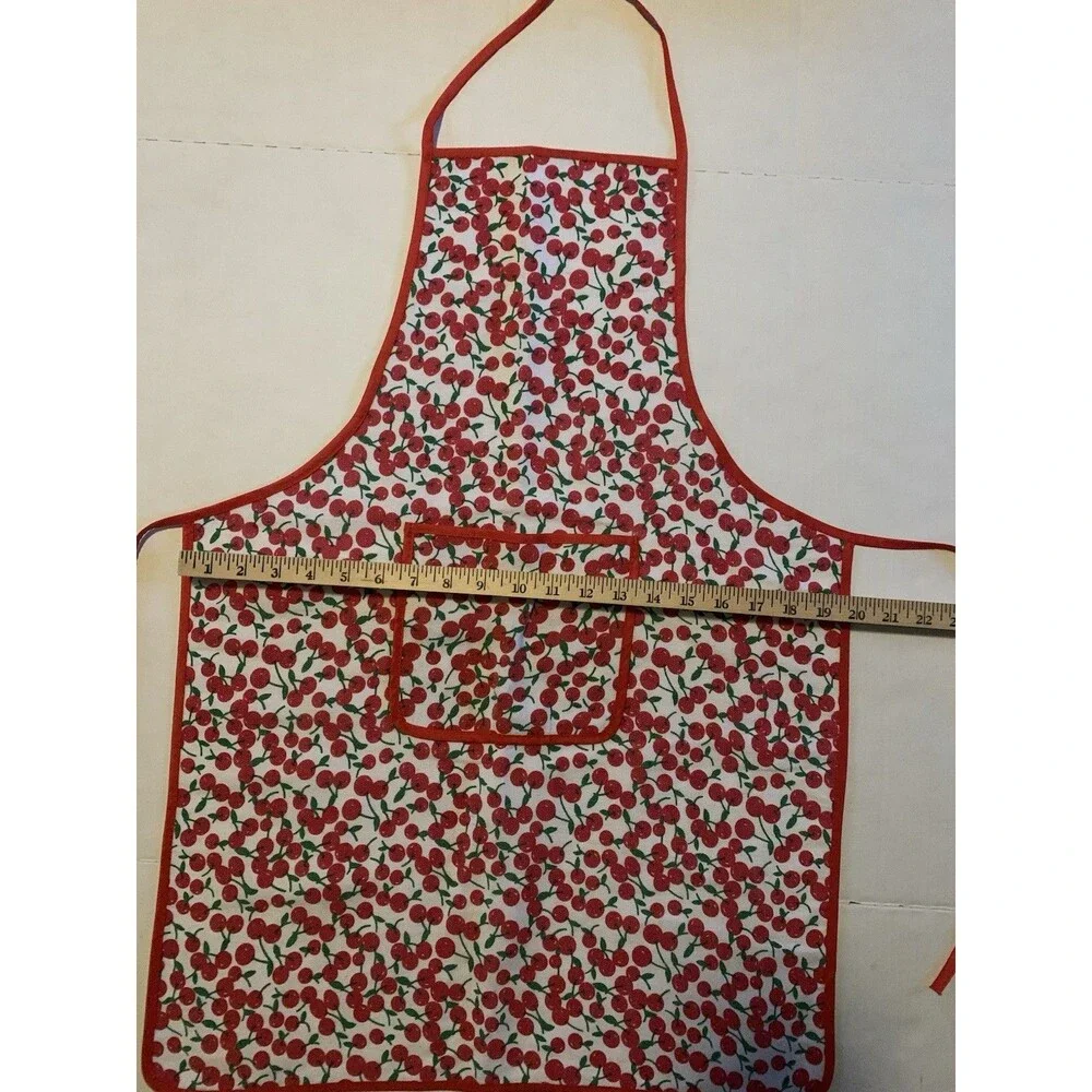 Vintage Cherry Print Cotton Bib Apron with Pockets for Adults
